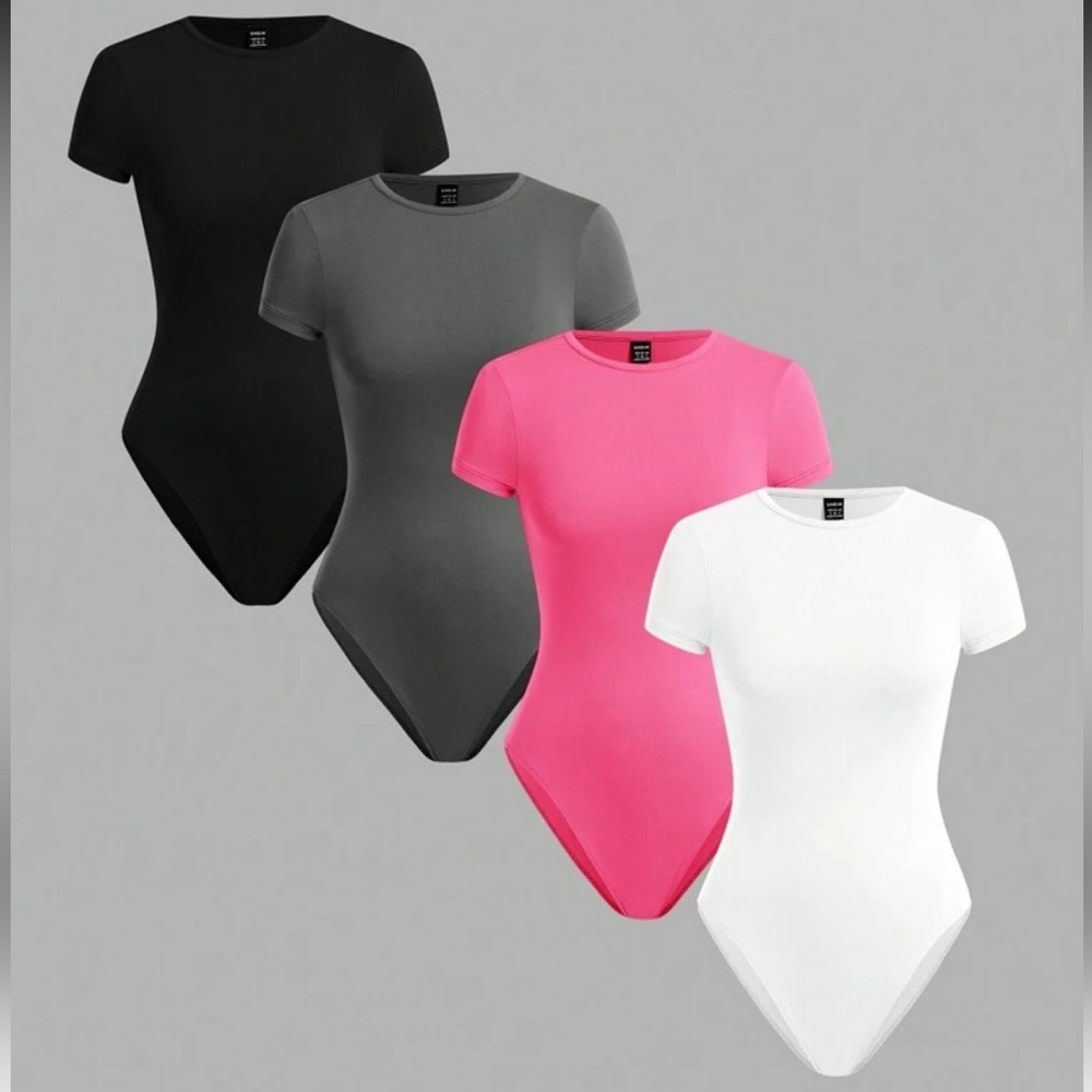 SHEIN 4pcs/Set Women Solid Color Knit Round Neck Short Sleeve Slim Fit Bodysuit